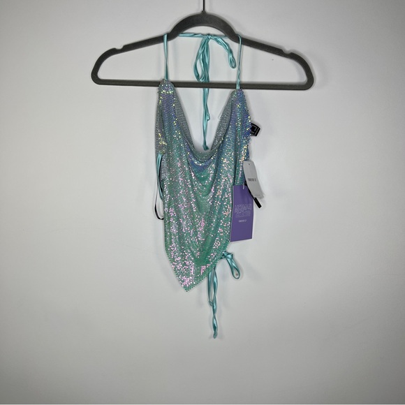 Forever 21 Mermaid Collection Blue Iridescent Chainmail Halter Top-NWT—Size M - Picture 2 of 9
